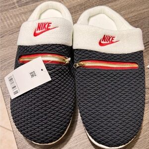 Nike Black and White Slippers with Red Accents